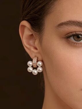 14k Gold Plated Faux Pearl Cluster Hoop Earrings with Gold Crystal Accents.